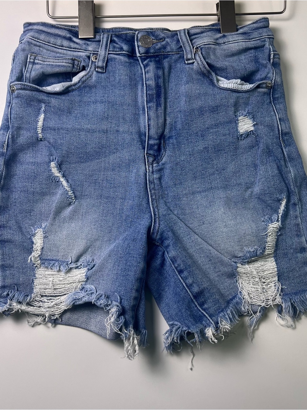 RISEN Women's Blue Denim High Rise Distressed Cutoff Shorts Frayed Hem Size M